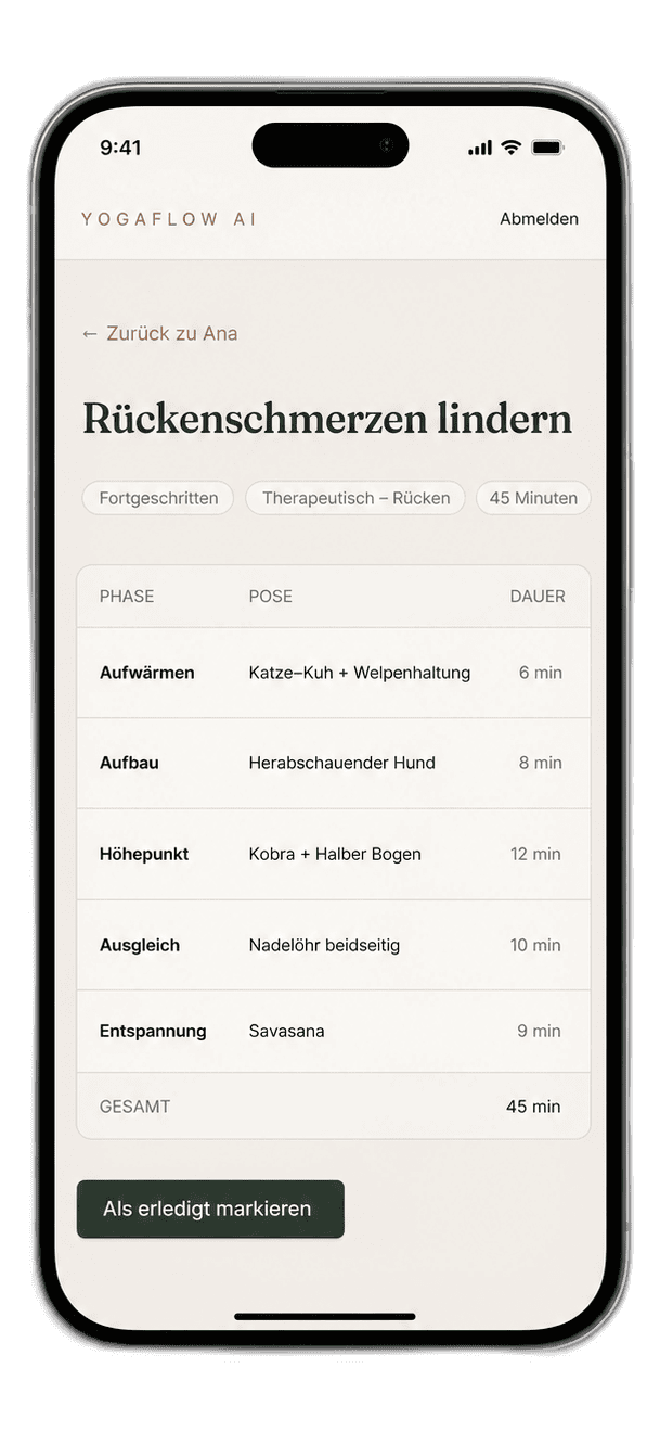 Ergebnisbildschirm der YogaFlow AI App mit generierter Yoga-Sequenz