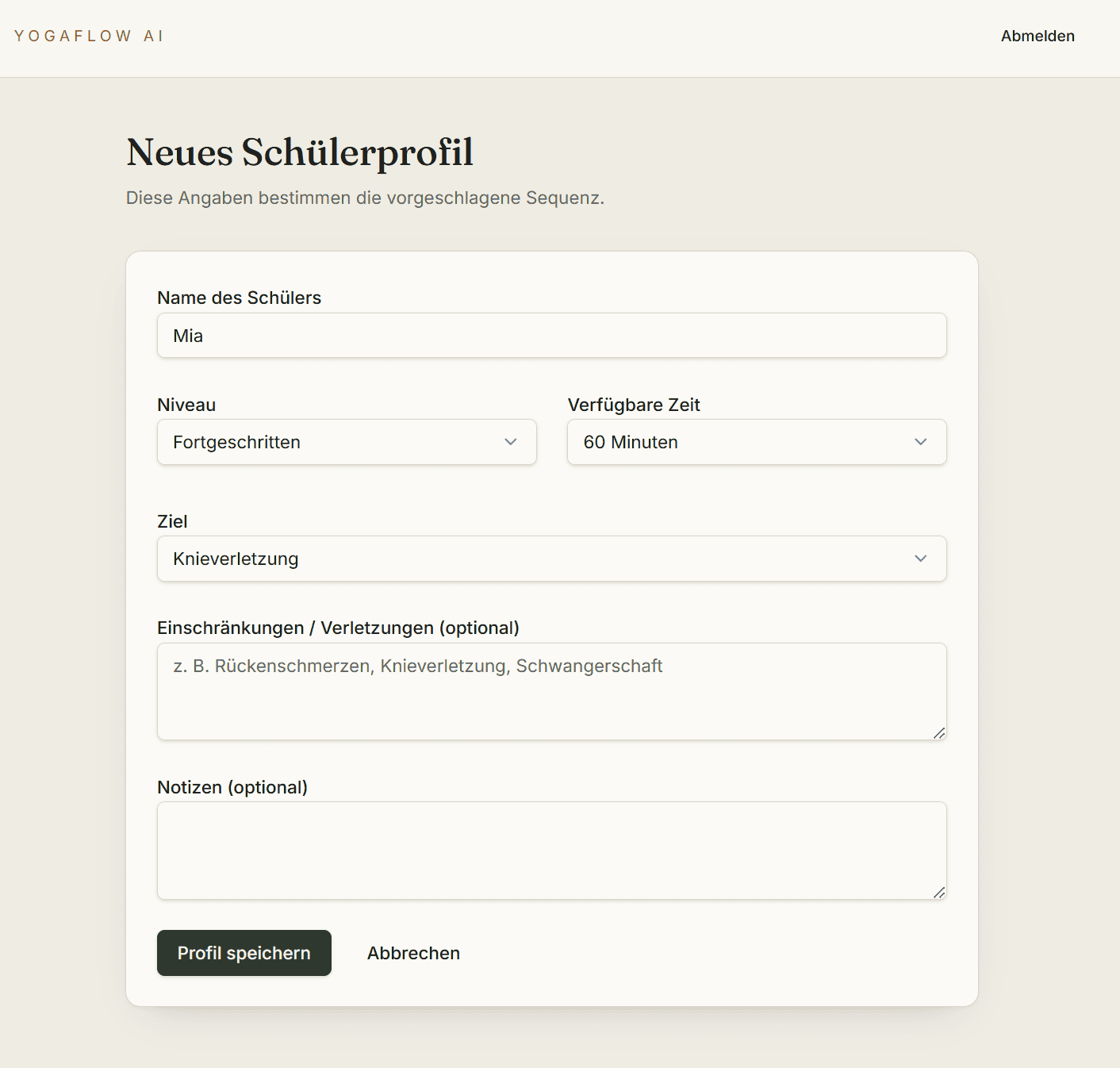 Ausgefülltes Formular zur Erstellung des Schülerprofils